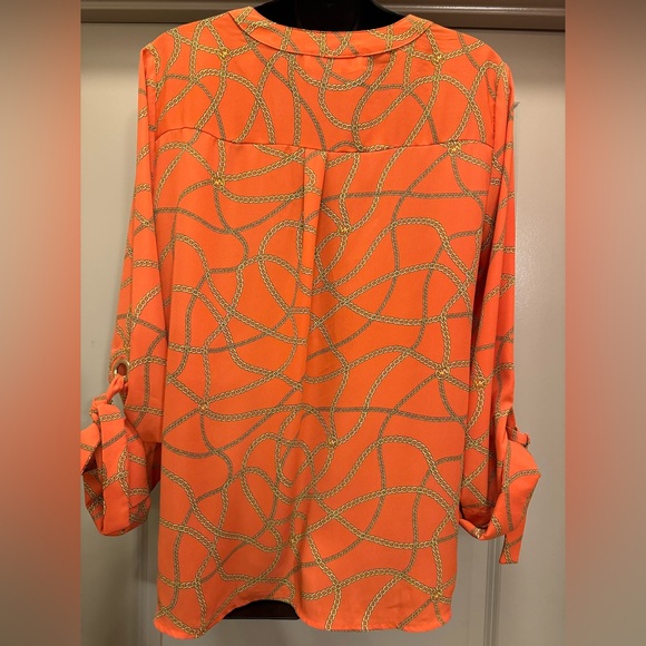 MICHAEL KORS ZINNIA Orange Gold Chain Print Blouse size M - Picture 7 of 12